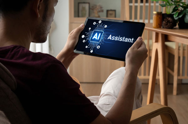 Someone using an AI assistant on a tablet